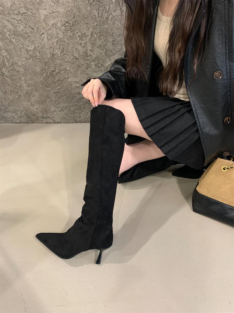 Hate the Sky High Elastic Boots Pointed High Heel Boots Suede Thin Thin Heel Zipper Leg Over Knee Boots