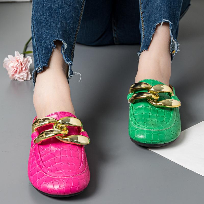 Brand Design Gold Chain Women Slipper Closed Toe Slip On Mules Shoes Round Toe Low Heels Casual Slides Flip Flop Plus Size