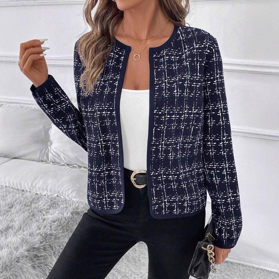 Women's Long Sleeve Cardigan Round Neck Elegant Tweed Jacket Houndstooth Pattern Casual Outerwear Fall Coat