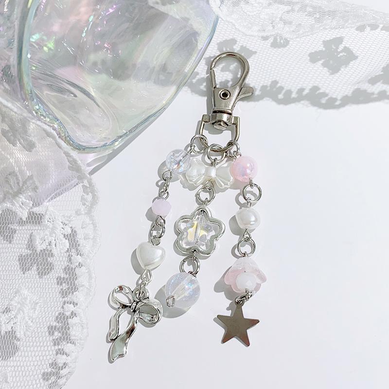 Korean Style Fresh Bow Star Keychain Y2K Sweet Beaded Keyring Girly Bag Pendant Key Accessories Cute Key Holder Gift