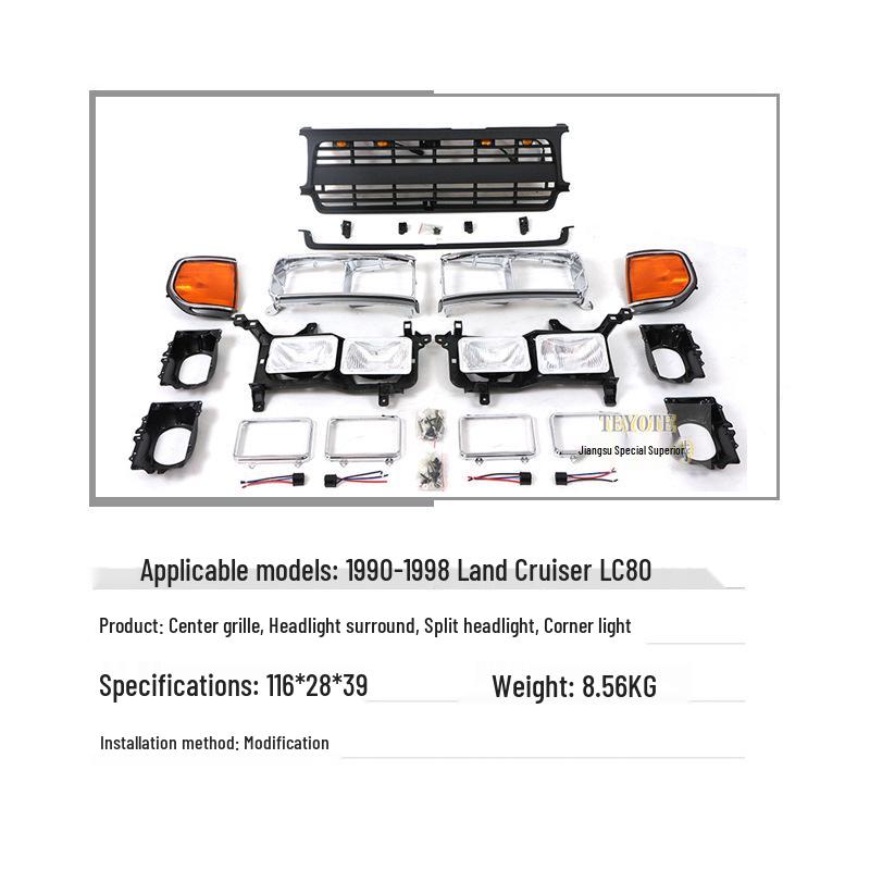 Compatible with 1990-1998 Land Cruiser LC80 FJ80: Center Grille Split Lamp Frame, Headlight Corner Light Modification.