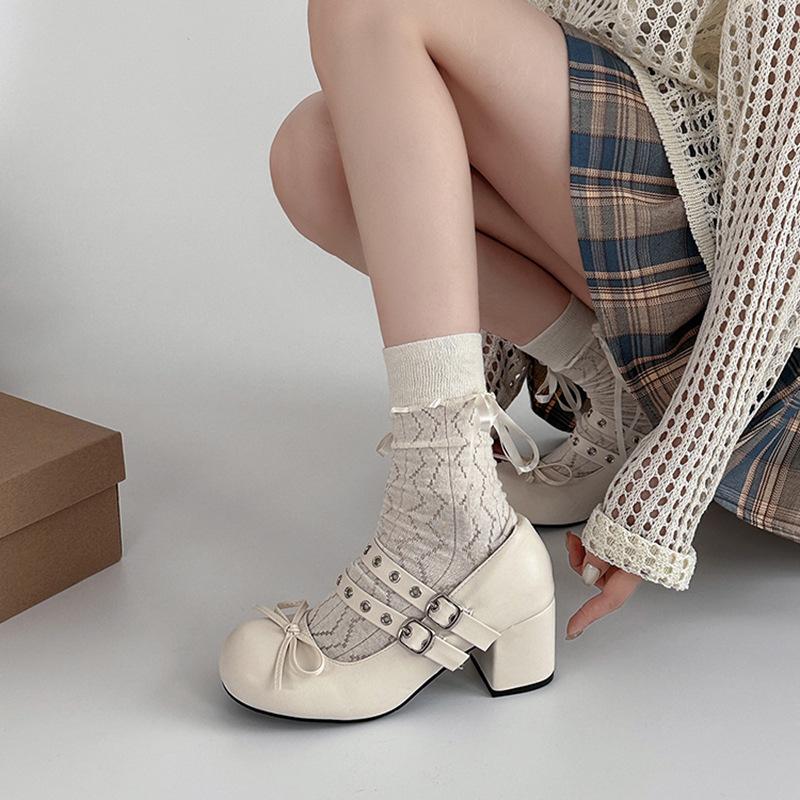 Fashion design sense retro bow high heel Mary Jane shoes women's summer versatile double buckle with ballet shoes single shoes