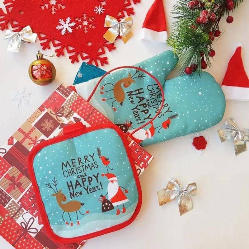 1pcs/set Christmas Oven Mitts and Pot Holders Set Baking Anti-Hot Gloves Kitchen Cooking BBQ Gloves New Year Xmas Party Supplies