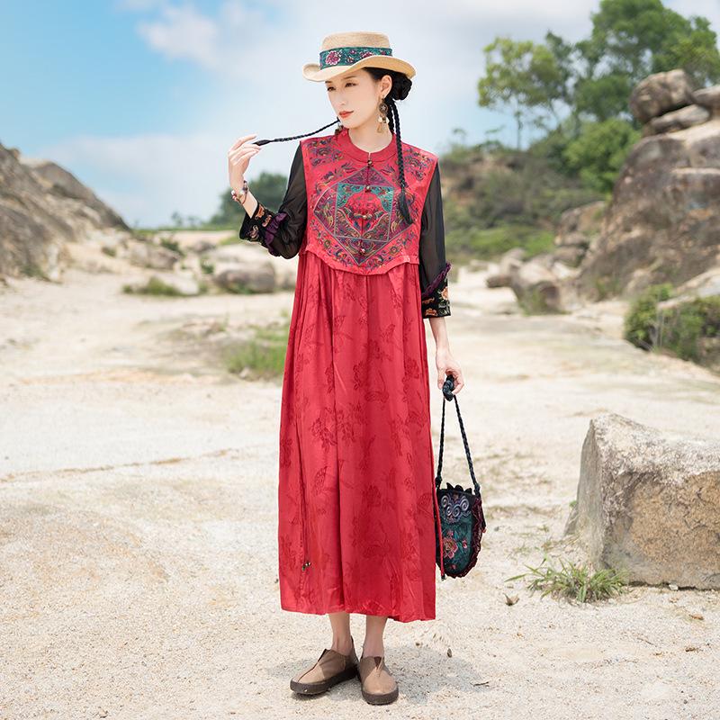2025 Women's Ethnic Satin Jacquard Embroidered Vest Dress with Stand Collar