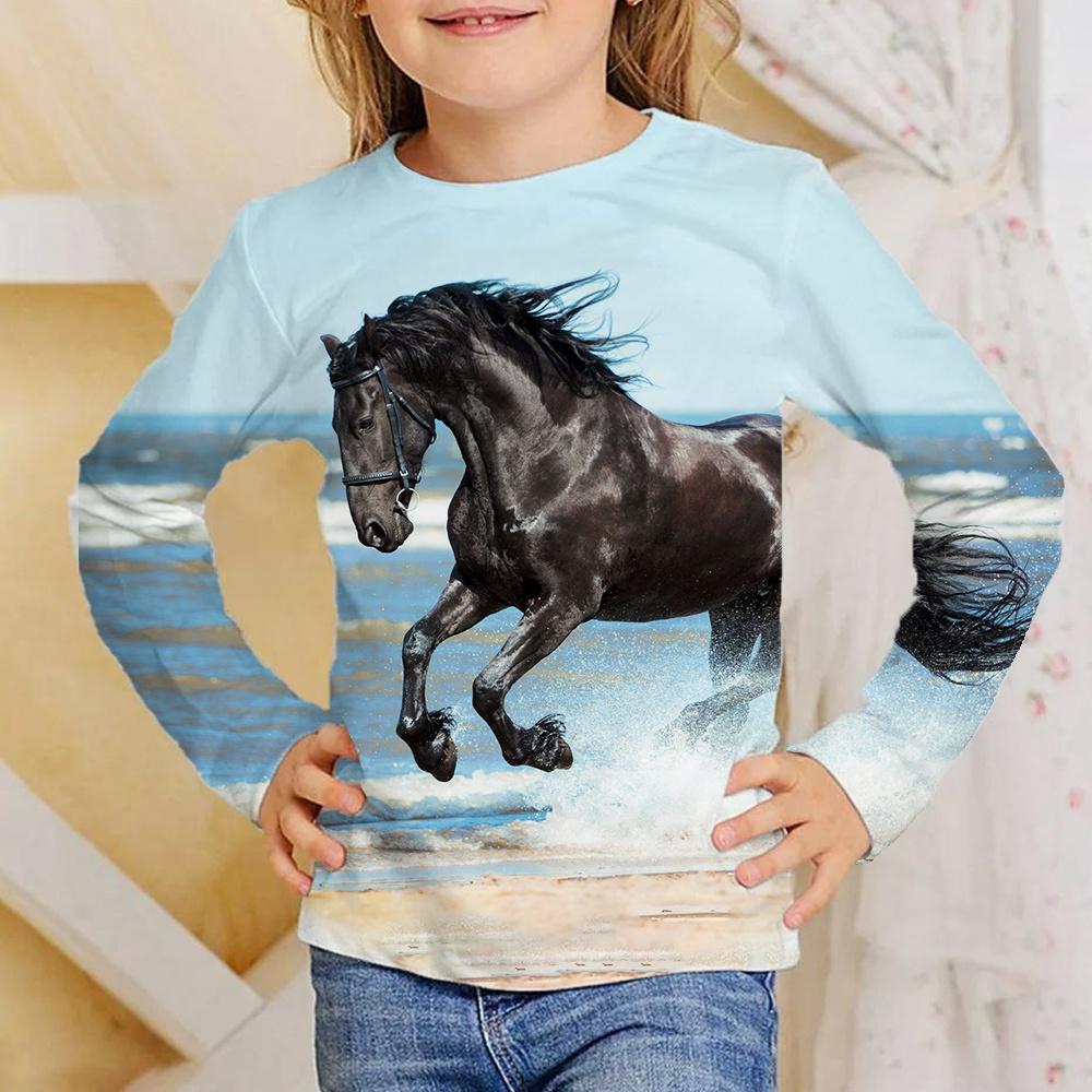 No. 11 Fashion Meisjeskleding Meisjes T-shirt Lange Mouw 3D Paard Kinderen Herfstkleding Stijlvolle Casual Kinder Tops Ronde Hals Kind Jongenskleding 130