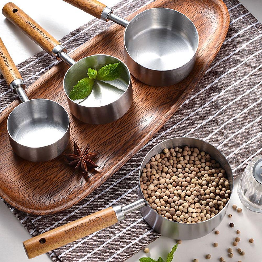 4Pcs Stainless Steel Coffee Measuring Spoon Wooden Handle Baking Tool  Ice Cream Sugar Salt Spice