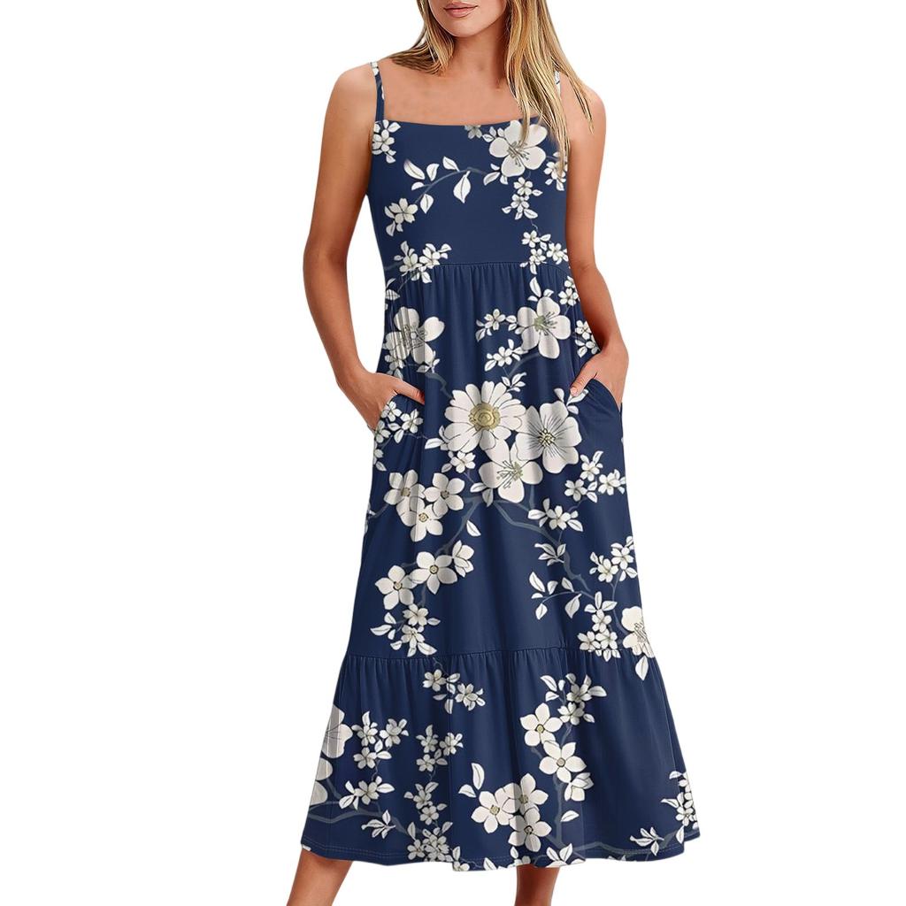 Women's Long Beach Casual Elegant Spaghetti Strap Maxi Dress Floral Low-key Flowing Bohemian Dress