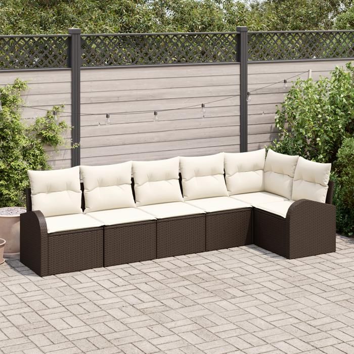 Ensemble de canapé de jardin 6 pièces avec coussins en rotin poly marron, Canapé de jardin 2 places avec rangement 3354727