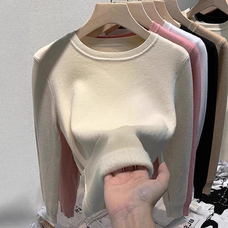 Warm and thickened integrated fleece sweater knitted sweater round neck lazy front shoulder design top new in autumn and winter