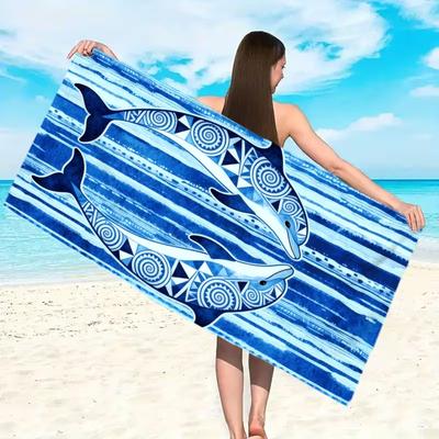 Bohemian Dolphin Print Beach Towel Quick Dry Lightweight Absorbent Blue Tribal Geometric Striped Design Towel for Summer