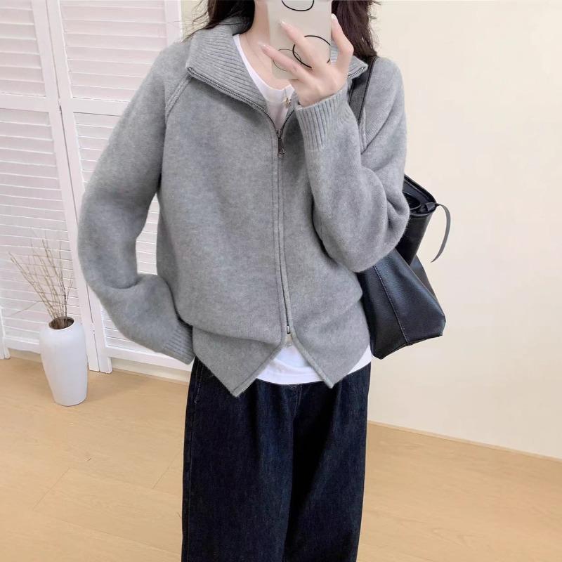 Autumn and Winter New Casual Simple Zipper Stand-up Neck Knitted Cardigan Women's Clothing Loose and Thin Versatile Sweater Jacket
