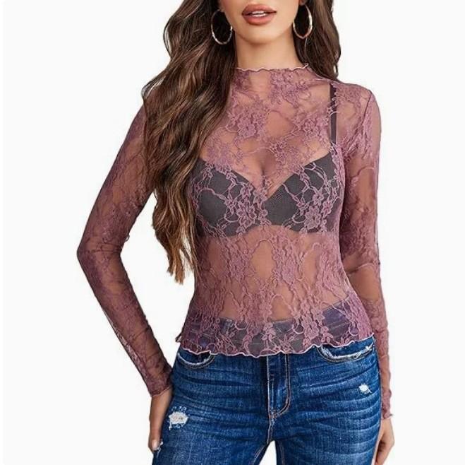 Sexy Lace Long Sleeve Shirt For Women With Sheer Mesh Fabric For Casual And Office Wear