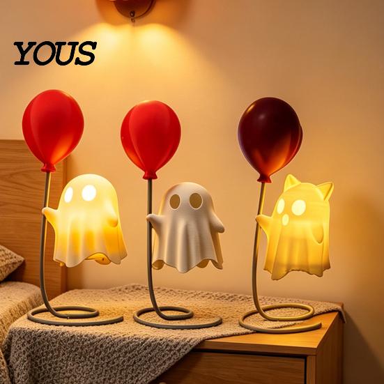 Balloon Ghost Figurine Cute with Balloon, Warm LED Night Light, Halloween Spooky Ornament Decoration for Bedroom Desk Table Centerpiece Cozy