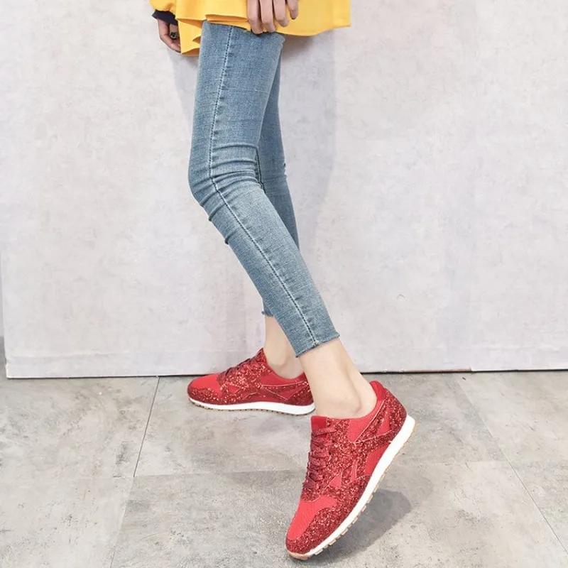 Women Sneakers Shining Glitter Autumn Flats Plus Size 43 Mesh Breathable Ladies Tenis Trainers Shoes Feminino Platform Shoes