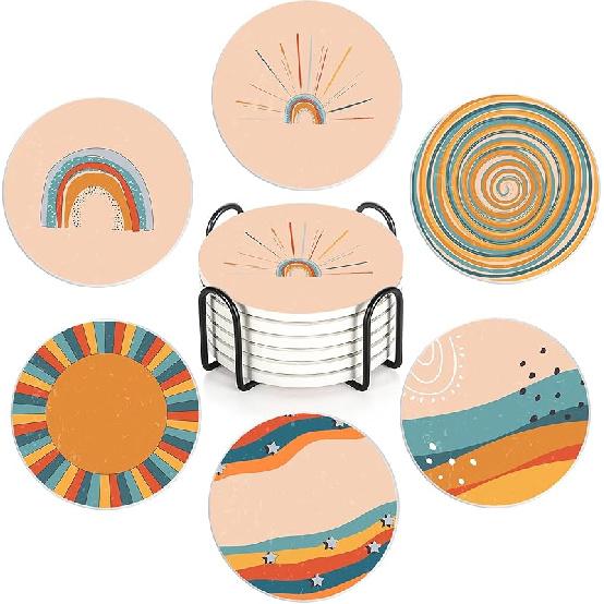 Drink Coasters with Holder,6 Pcs Moon Phases Absorbent Ceramic Coasters with Cork Base,Cute Funny Table Drinks Coasters,Table Home Decor,4 Inches