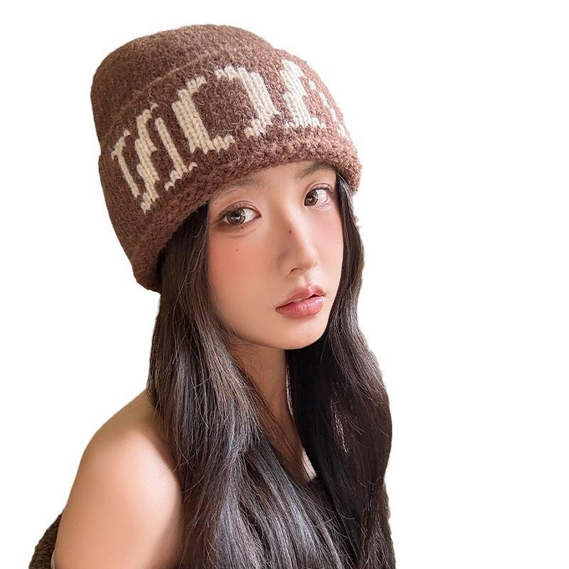 Hipster Buchstaben Stickerei Strickmütze Damen Herbst und Winter cool sa kalte Mütze warm halten großer Kopfumfang Gesicht zeigen kleine Wollmütze Tide