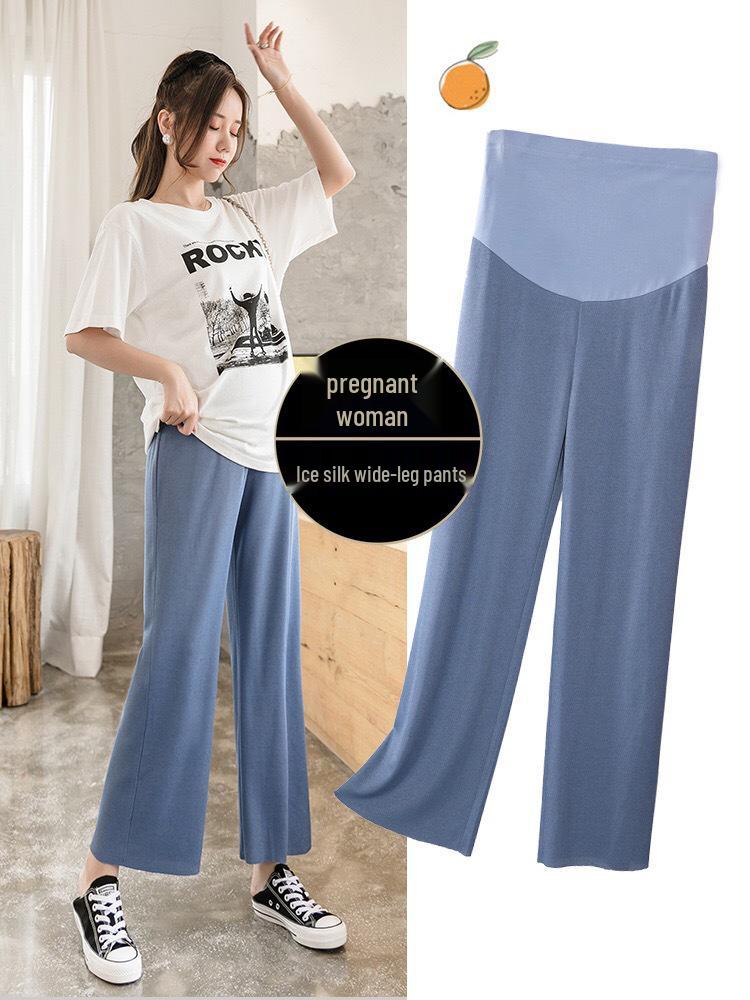 Cool Ice Silk Wide-Leg Pleated Maternity Crop Pants
