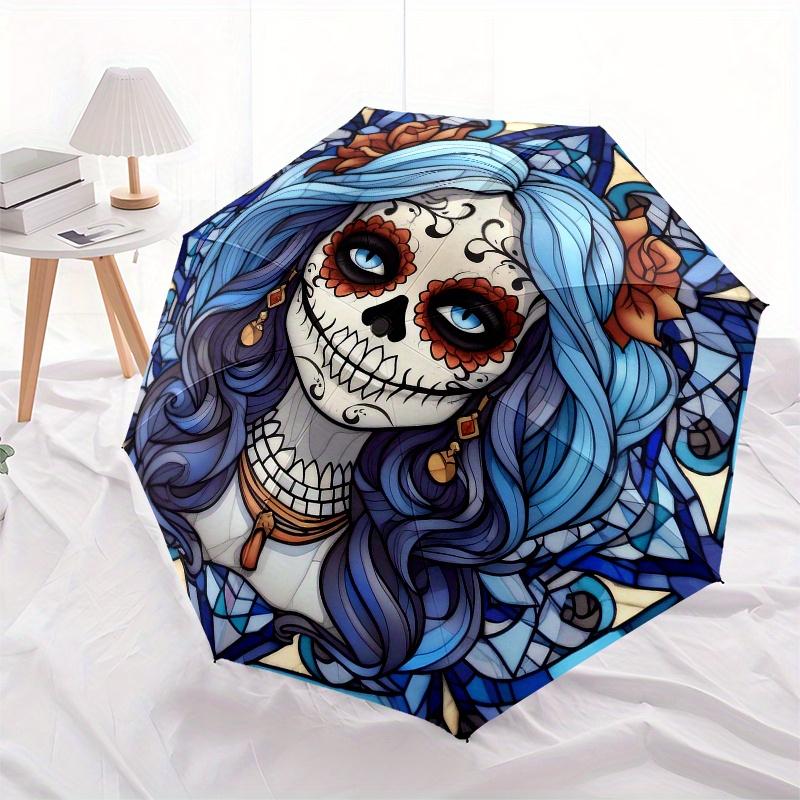 Day of the Dead Sugar Skull Stained Wall ArtUmbrella, Portable 3-Fold Compact Umbrella,Christmas Gift ES666
