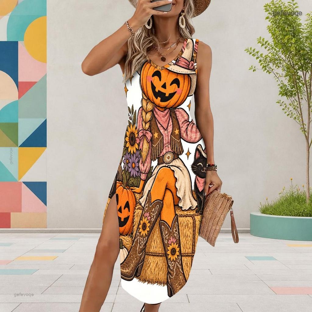 Women s Plus Size Sleeveless U Neck Tank Dress Halloween Panda Ghost Printed Side Slit Curved Hem