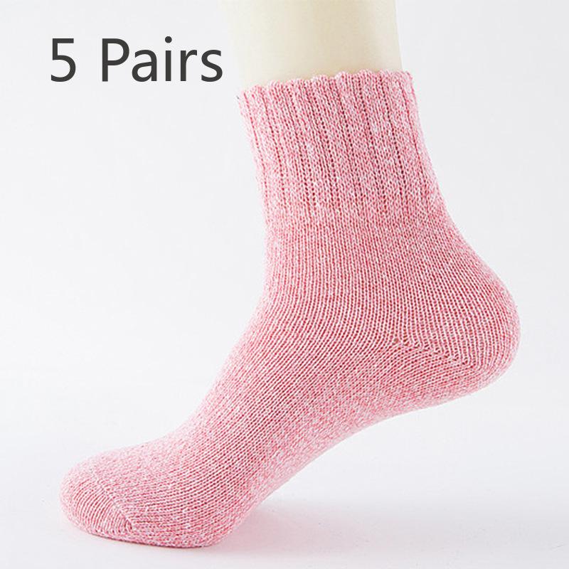 5 Pairs of Solid Color Thickened Warm Wool Socks for Autumn and Winter, Women's Ethnic Style Retro Mid-calf Socks