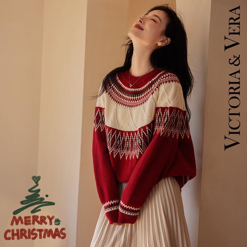 

VICTORIA&VERA Женский рождественский свитер красного цвета в стиле колор-блок с ромбовидной вязкой XL