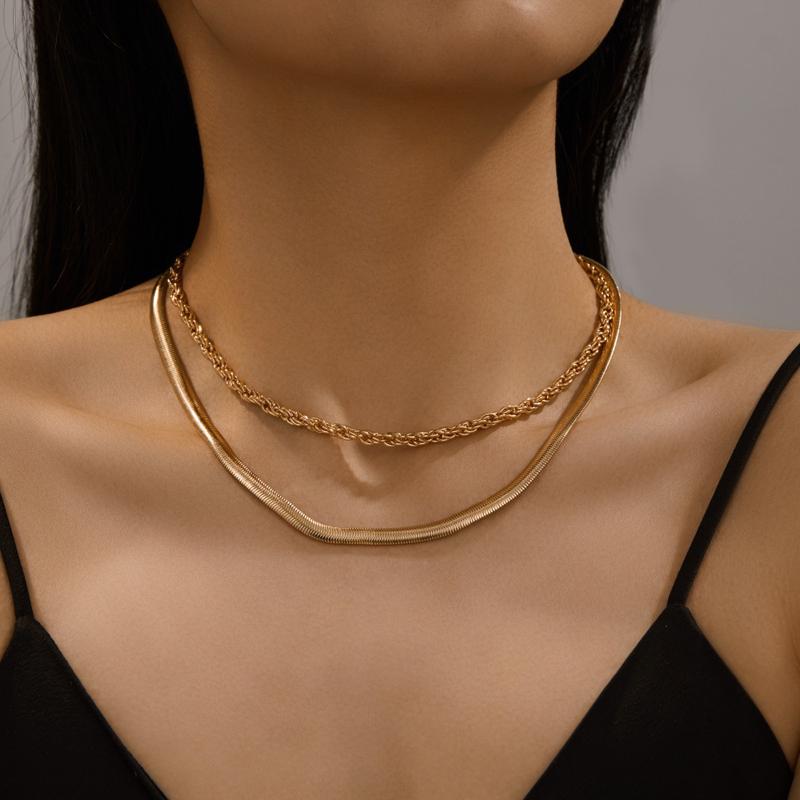 Vintage Gold Color Double-Layer Blade Chain Necklace for Women Simple Metal Fried Dough Twists Snake Chain Zircon Gifts