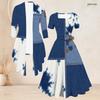 Women Plus Size Two Piece Set Square Neck Short Sleeve Tie Waist Printed Flared Dress 3 4 Sleeve Open Cardigan Blue White