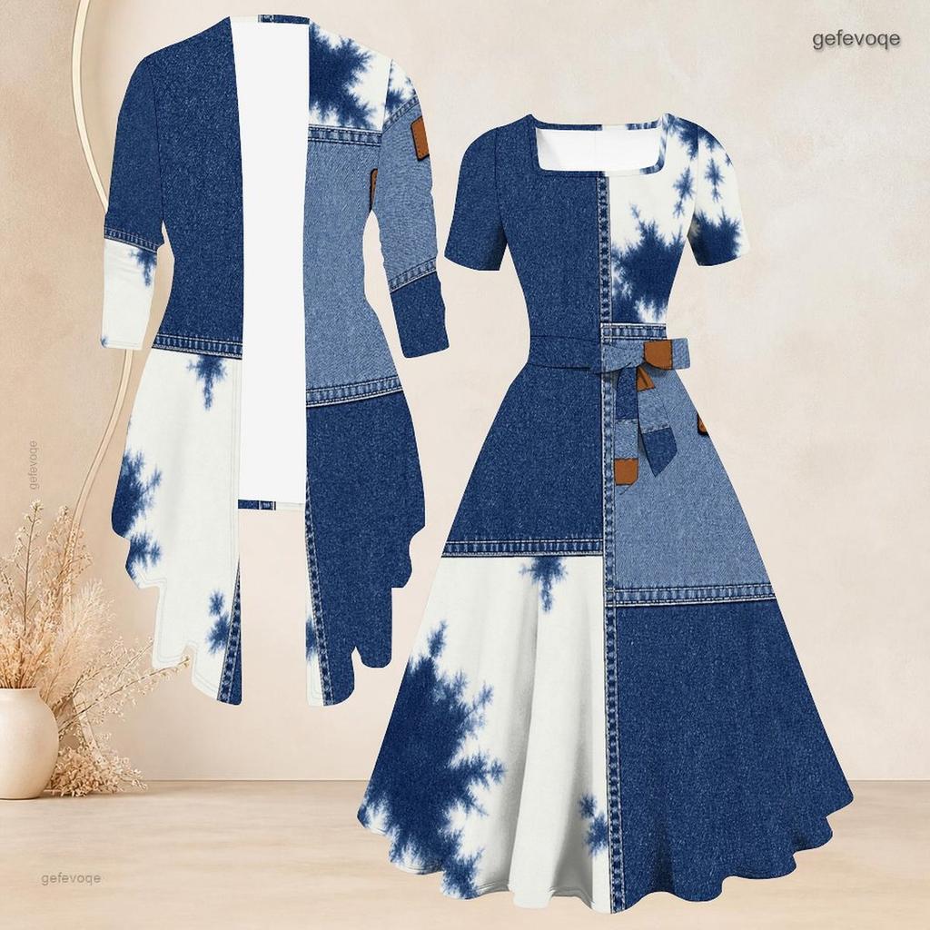 Women Plus Size Two Piece Set Square Neck Short Sleeve Tie Waist Printed Flared Dress 3 4 Sleeve Open Cardigan Blue White