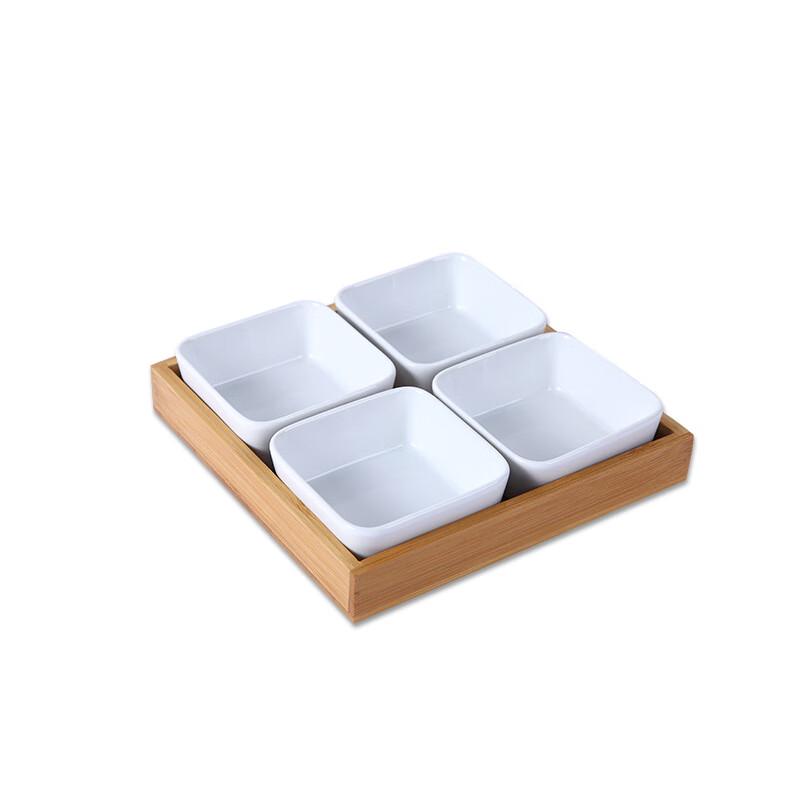 Skydue Japanese-Style Ceramic Snack Serving Tray with Bamboo Base