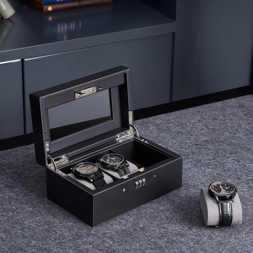 ProCase Watch Case for Watch Box with Password Watch Organizer with Glass Display Storage Case Men, 3-Piece Lock, Top,