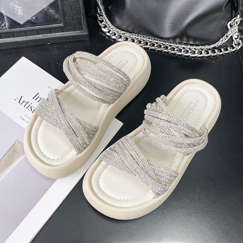 New rhinestone cool slippers in summer, women wear versatile fairy style thick-soled muffin shoes to increase height