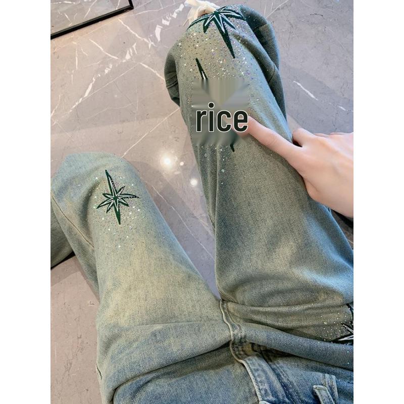 European Retro Embroidered Rhinestone High-Waist Slimming Straight-Leg Women's Jeans - 2024 Plus Size Fashion