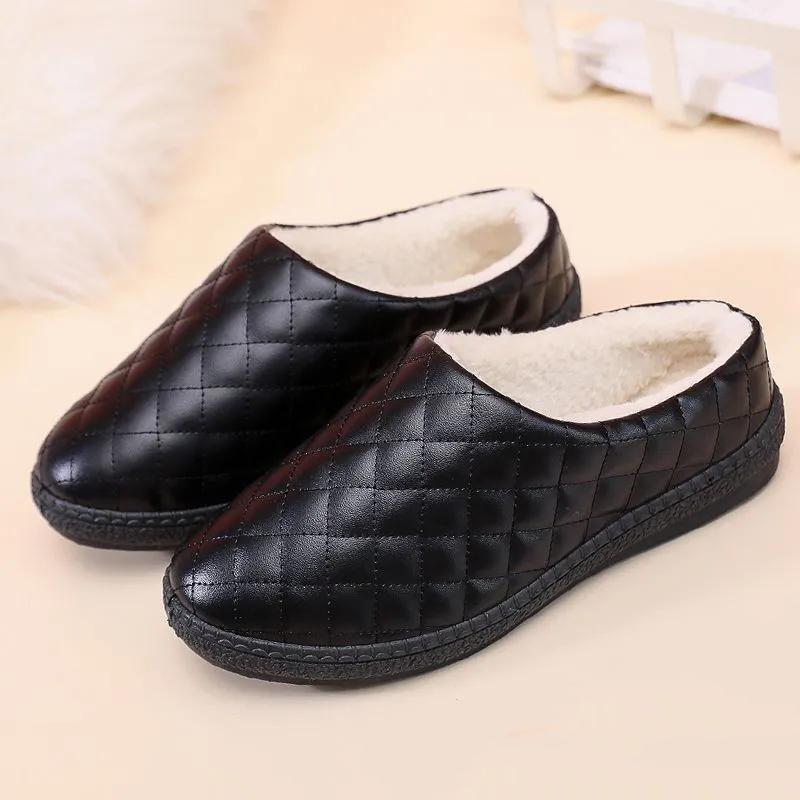 

WTEMPO Искусственная кожа большого размера однотонные туфли женские осень-зима теплые повседневные плюшевые тапочки из ПУ 40 чёрный