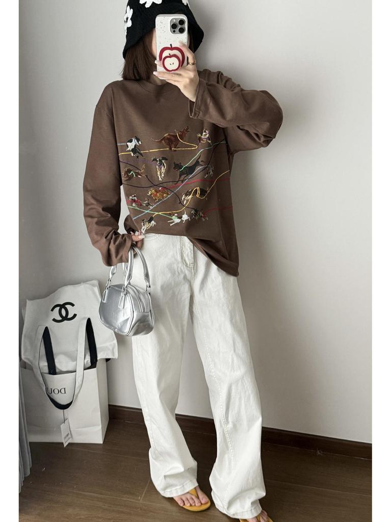 ID Podzimní Retro Štěně Potisk Vyšívané Tričko s Dlouhým Rukávem