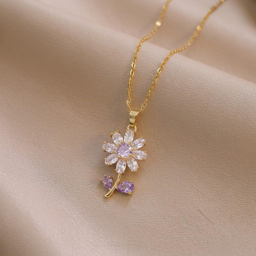 European-American Floral Pearl Necklace with Zirconia Flowers and Full Diamond Pendant