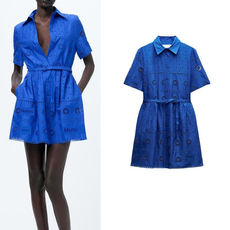 Spring New Fashion Socialite Style Lapel Short Sleeve with Belt Cut Out Embroider Dress 4786085