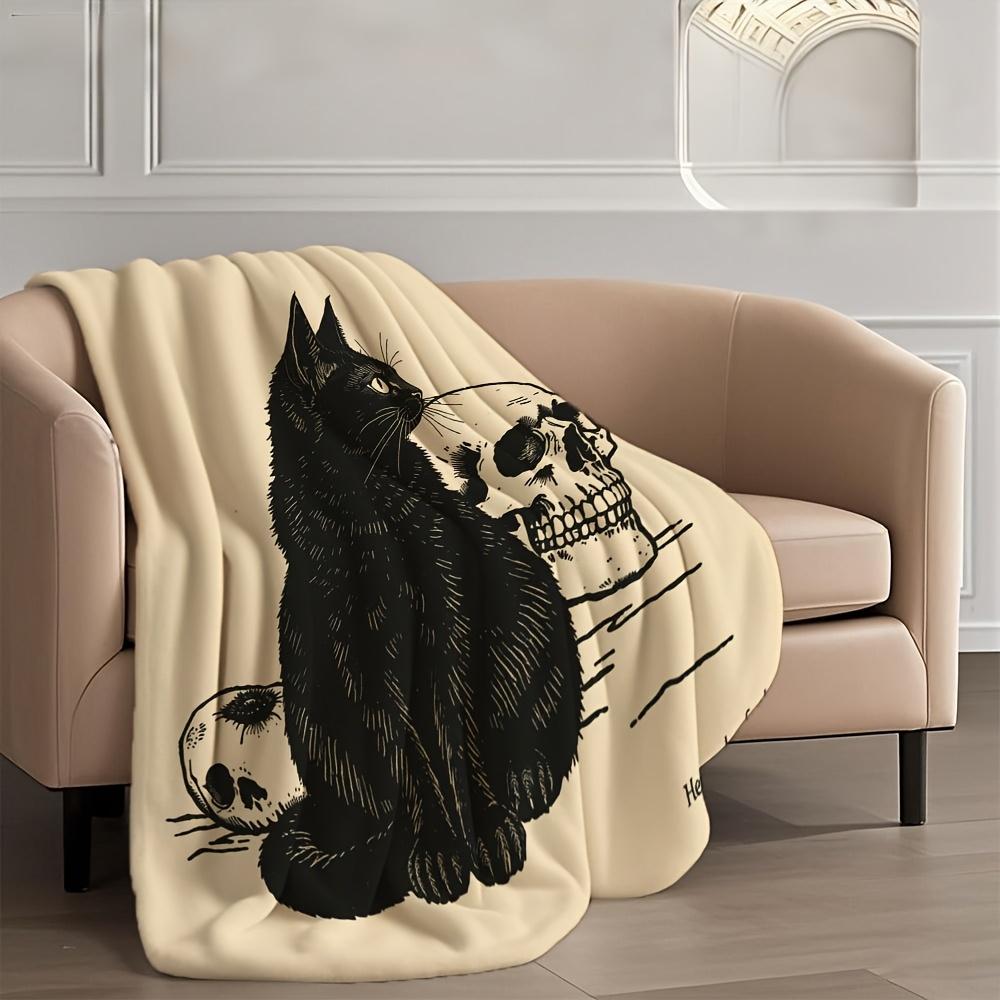 Black Cat Skull Gothic Throw Blanket Halloween Design for Living Room Decor Gift for Her DarkStyle50x60
