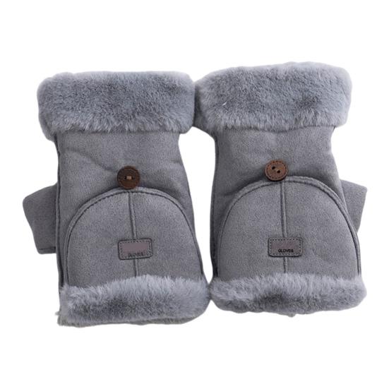 Women Winter Suede Gloves Thickened Convertible Fingerless Mittens Fleece-lined Warm Gloves with Fluffy Cuffs for Outdoor Cycling Hiking