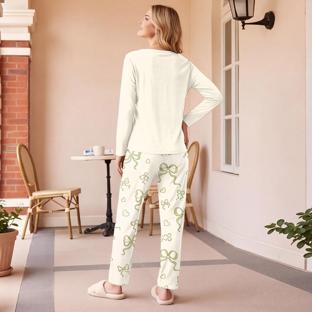 Pigiama da donna casual con scollo, vestibilità larga, stampato, pantaloni per dormire