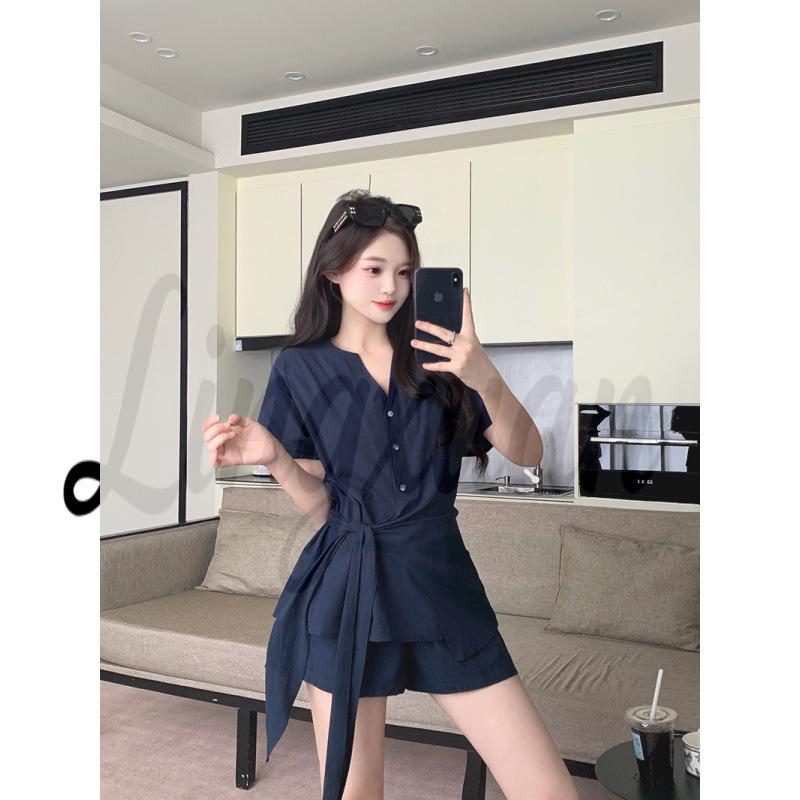 2026 Summer Plus Size Women s Korean Lapel Tie-Up Casual Short Sleeve Shorts Set 3XL