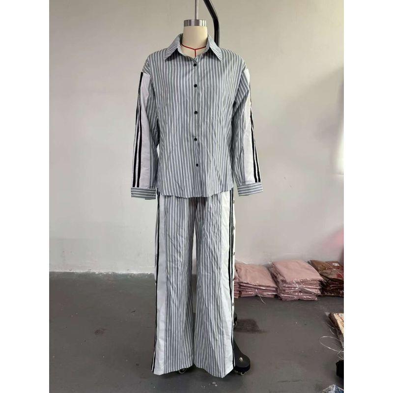 

Модный стиль Новинка Модный свободный полосатый комплект из двух предметов: рубашка и брюки Костюм Gray XXL