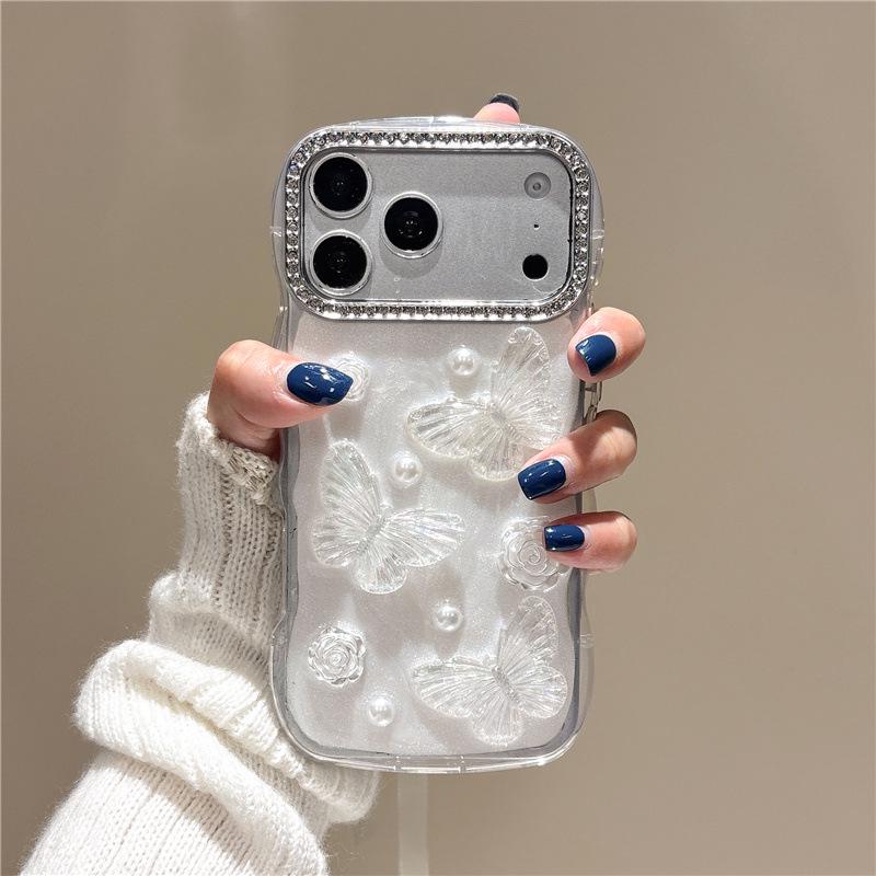 Sparkling Diamond Wave Epoxy Camellia Butterfly Case for iPhone 11, 14, 16 Pro Max, 17
