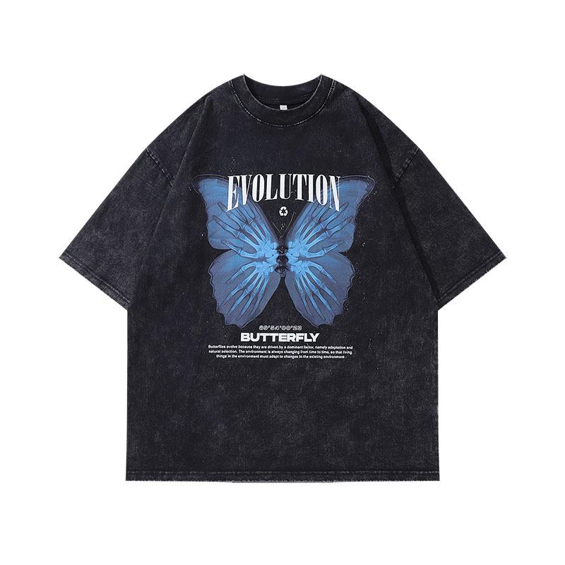 Street Guochao Brand Dark Butterfly Print Washed Old Short-Sleeved T-Shirt Men S And Women S Hip-Hop Half-Sleeved Tee Shirt M