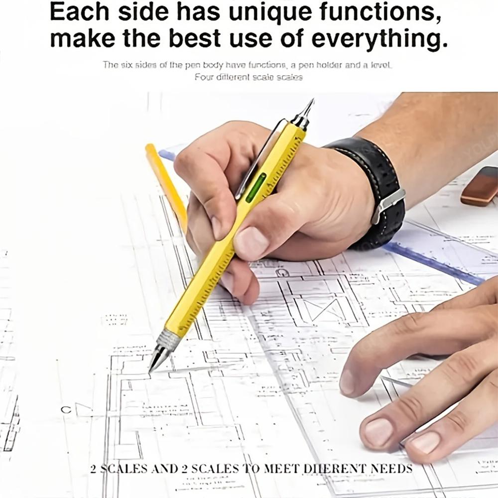 Pix metalic multifuncțional 7 în 1 cu nivelă, riglă, gadgeturi, inginer, tâmplar, dulgher, unealtă de buzunar cu stylus, riglă, șurubelniță