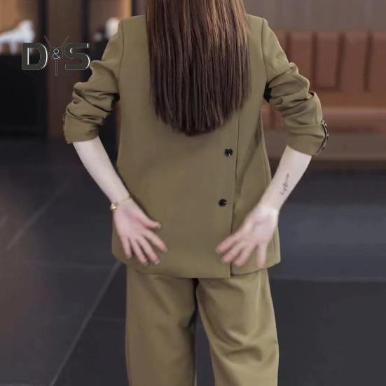 Σετ Γυναικείο Επίσημο Παλτό Παντελόνι 2 Τεμαχίων Μακρυμάνικο Διπλόκουμπο Ζακέτα Καρντιγκάν Μήκους Μέσης Φαρδύ Ίσιο Παντελόνι Ψηλόμεσο Επίσημο