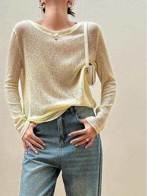 Women's Summer Loose Knit Sun Protection Linen Cover-Up Long Sleeve T-Shirt