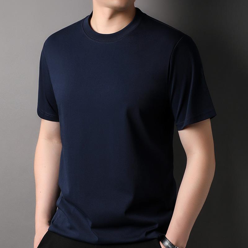 

Summer Short-sleeved Loose Casual Men s High-end Bottoming Shirt Top Solid Color T-shirt Clothes 48 темно-синього кольору