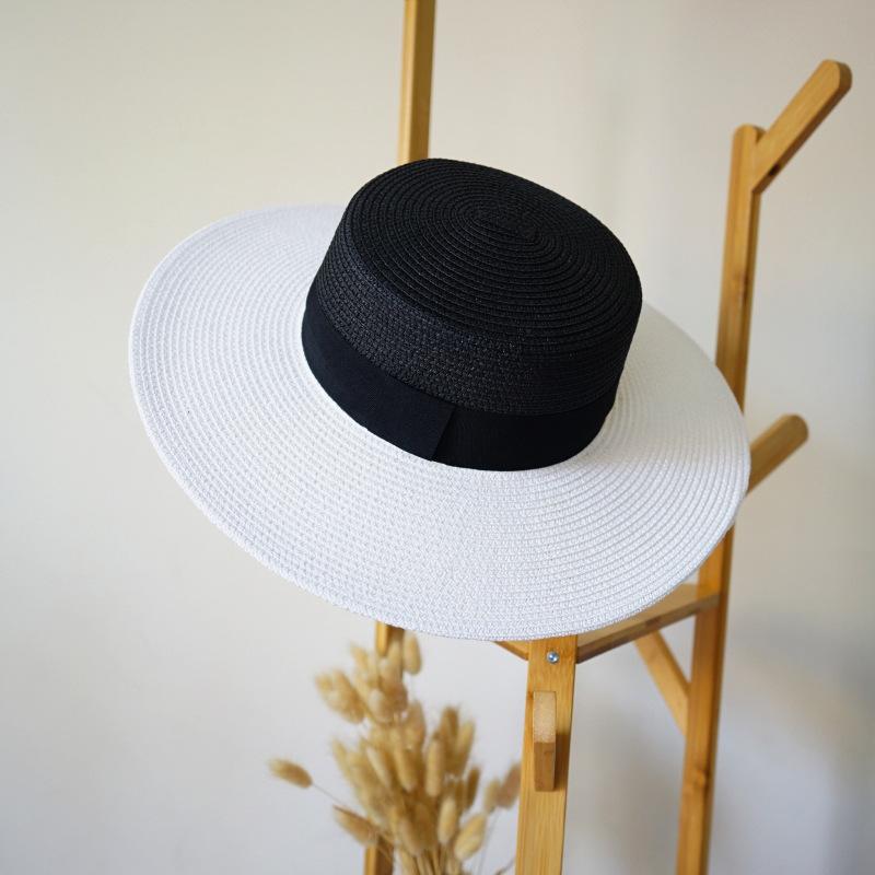European And American Simple Black And White Splicing Flat Top Top Hat Men And Women Summer Vacation Beach Jazz Big Straw Hat Wide Brim Retro