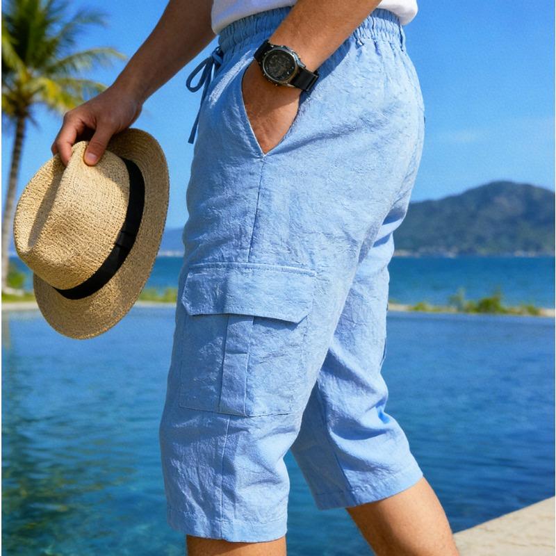 Pantaloni Cargo Capri da Uomo in Misto Lino Bianco con Elastico in Vita
