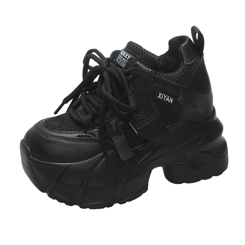 

Мода 9,5 см Весна Женские Повседневные Кроссовки Осень На шнуровке Обувь на высокой платформе Толстая подошва Спортивная Обувь Папы Женские Кроссовки Chaussure Femme 34 чёрный